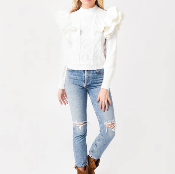 BB DAKOTA by STEVE MADDEN NWT Ruffle Cable KNit Long Sleeve Sweater - Picture 3 of 5